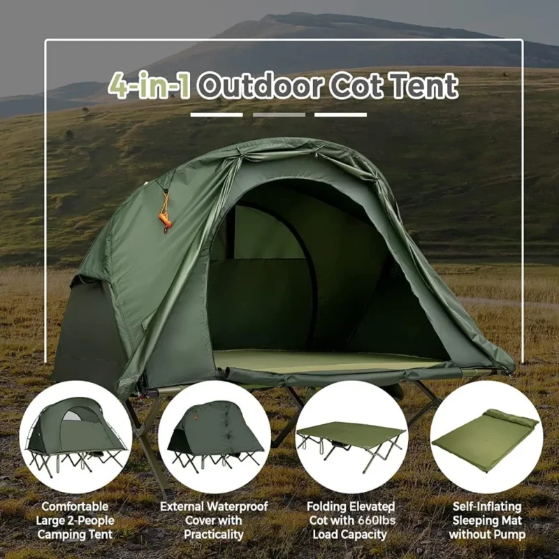 4-in-1 Elevated 2-Person Tent Cot with Self-Inflating Mattress and Rolling Carrying Bag - Image 2