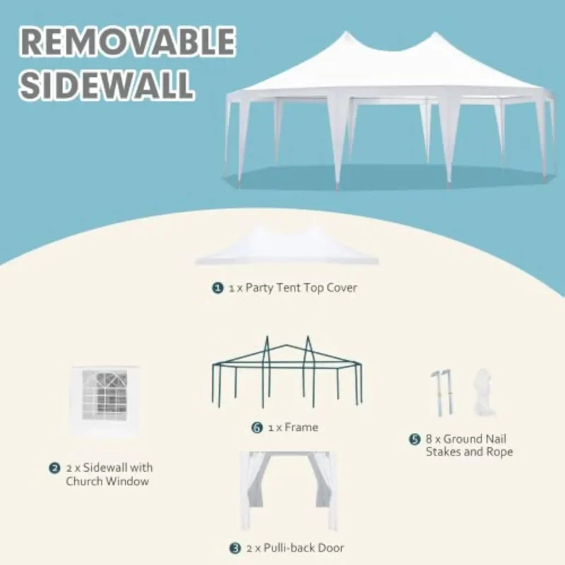 Elegant 26'x19' White Decagonal Party Tent with 8 Removable Sidewalls and Church Windows for Weddings and Events - Image 6