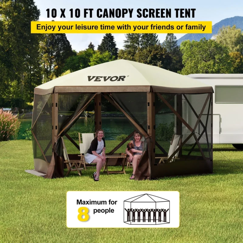 Hexagonal 10'x10' Pop-Up Screen Gazebo Tent with Waterproof Canopy for 8 Person Outdoor Shelter - Image 2