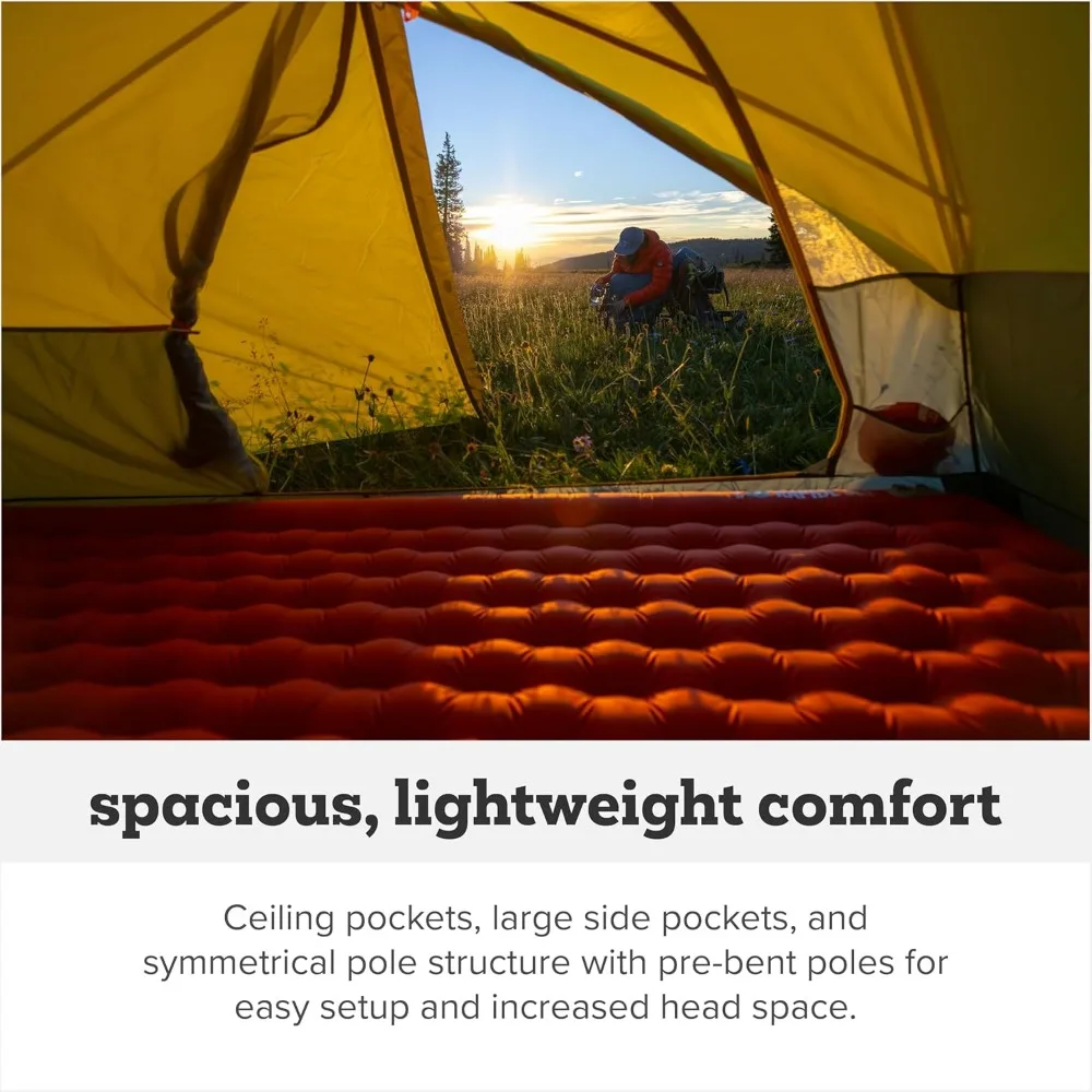 Freestanding tent with double layer structure showing weather resistance features