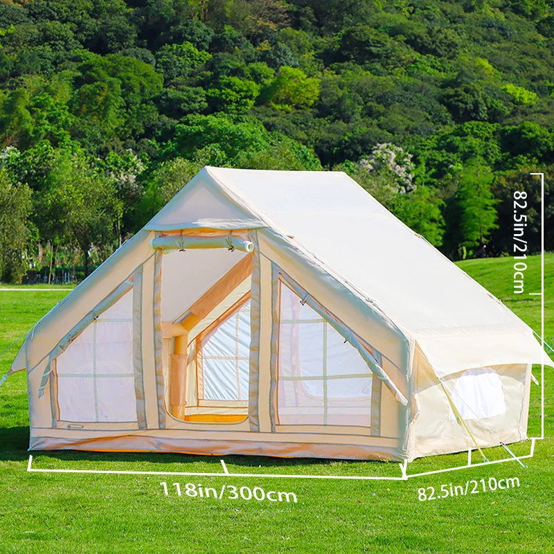 Inflatable camping tent demonstrating quick setup technology with no poles required