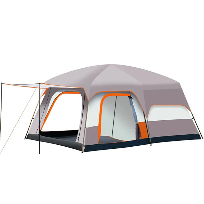 Spacious camping tent with extended vestibule area showing storage and transition zone capabilities