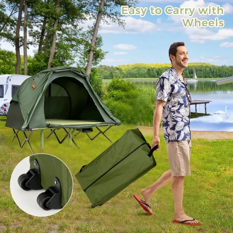4-in-1 Elevated 2-Person Tent Cot with Self-Inflating Mattress and Rolling Carrying Bag - Image 4