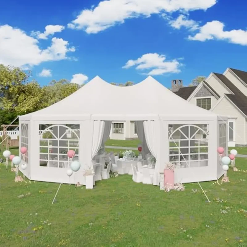 Elegant 26'x19' White Decagonal Party Tent with 8 Removable Sidewalls and Church Windows for Weddings and Events - Image 2