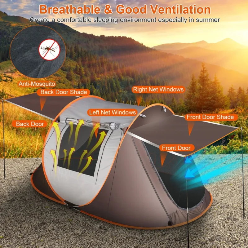Instant 3-4 Person Pop Up Camping Tent with Double Window Ventilation for Easy Outdoor Setup - Image 3