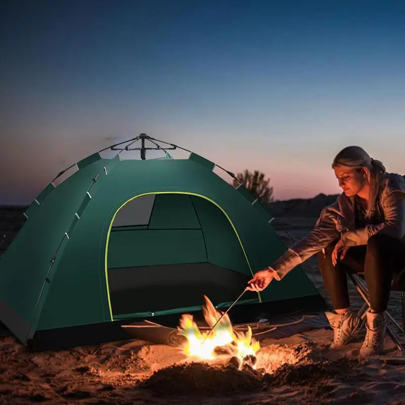 Ultralight two-person tent with vestibules set up in mountain forest with excellent weather protection