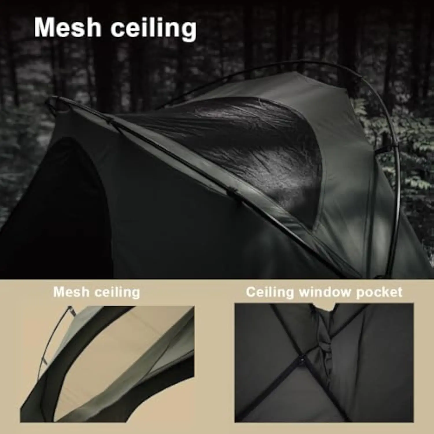 Canvas tent with stove jack setup for cold weather camping