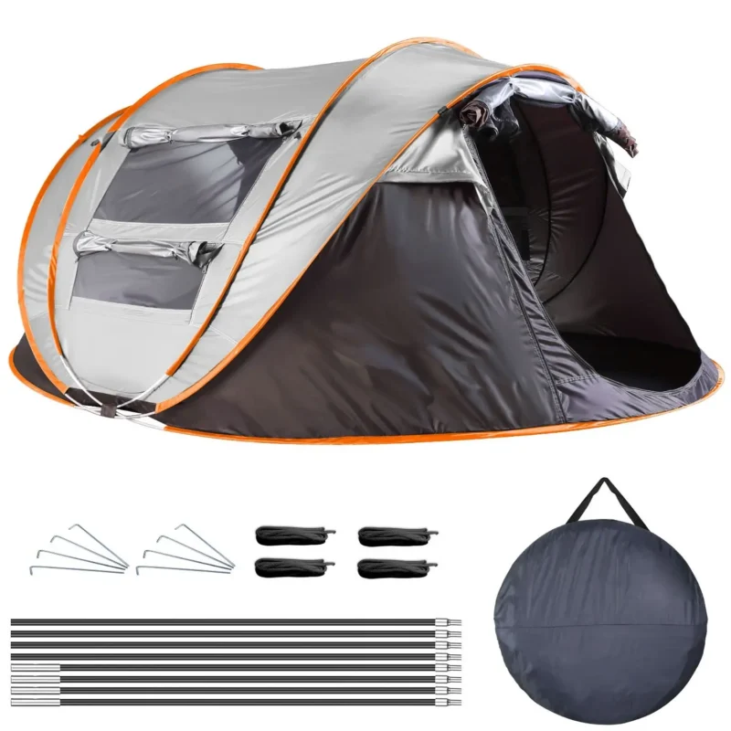 Instant Pop-Up 5-8 Person Canvas Camping Tent with Automatic Setup and Dual Mosquito Net Windows