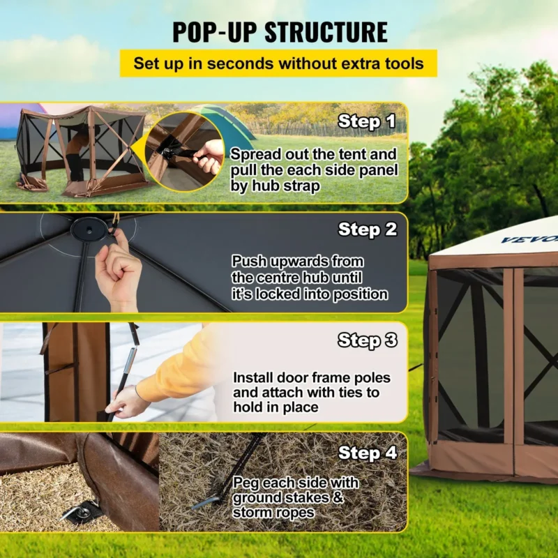 Hexagonal 10'x10' Pop-Up Screen Gazebo Tent with Waterproof Canopy for 8 Person Outdoor Shelter - Image 4