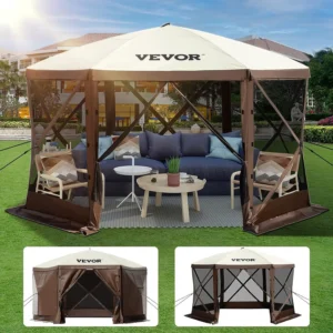 Hexagonal 10'x10' Pop-Up Screen Gazebo Tent with Waterproof Canopy for 8 Person Outdoor Shelter