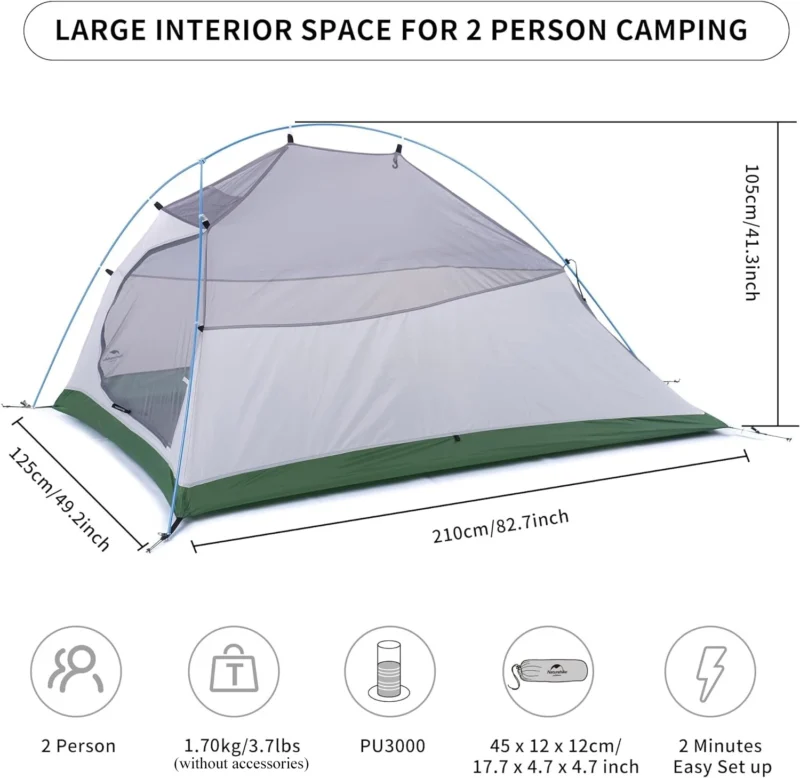 Ultralight Double Layer 2-Person Backpacking Tent with Aluminum Poles for 3-Season Outdoor Adventures - Image 5