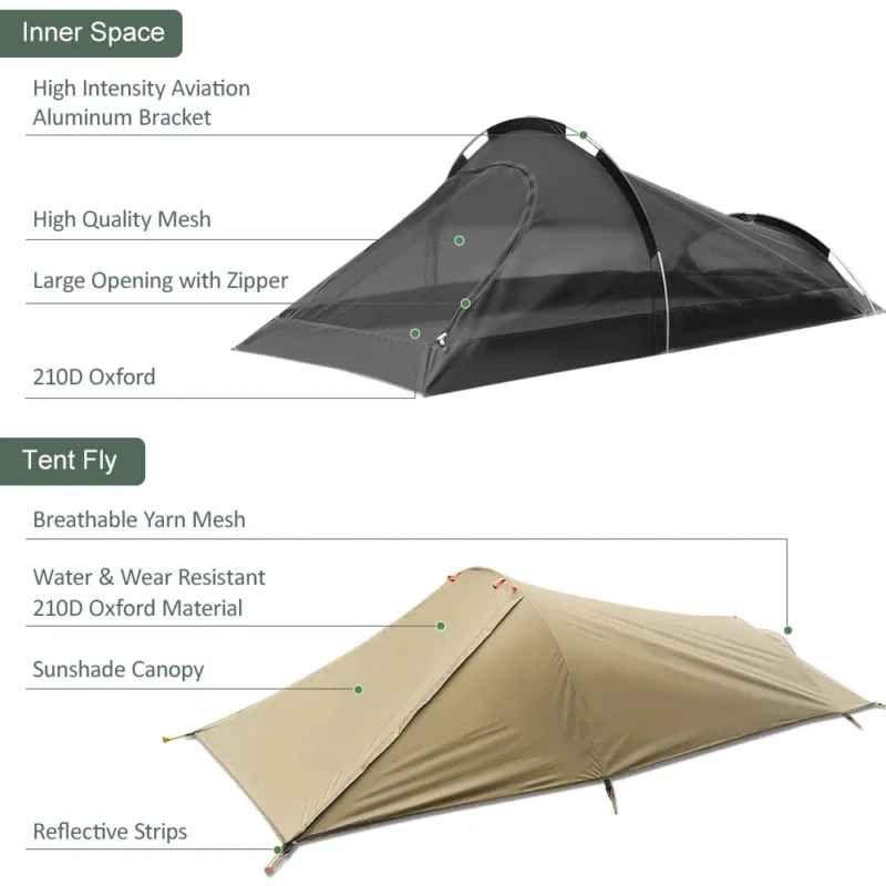 Ultralight Single Person Camping Tent with Aluminum Poles for 3-Season Backpacking Waterproof Design - Image 2