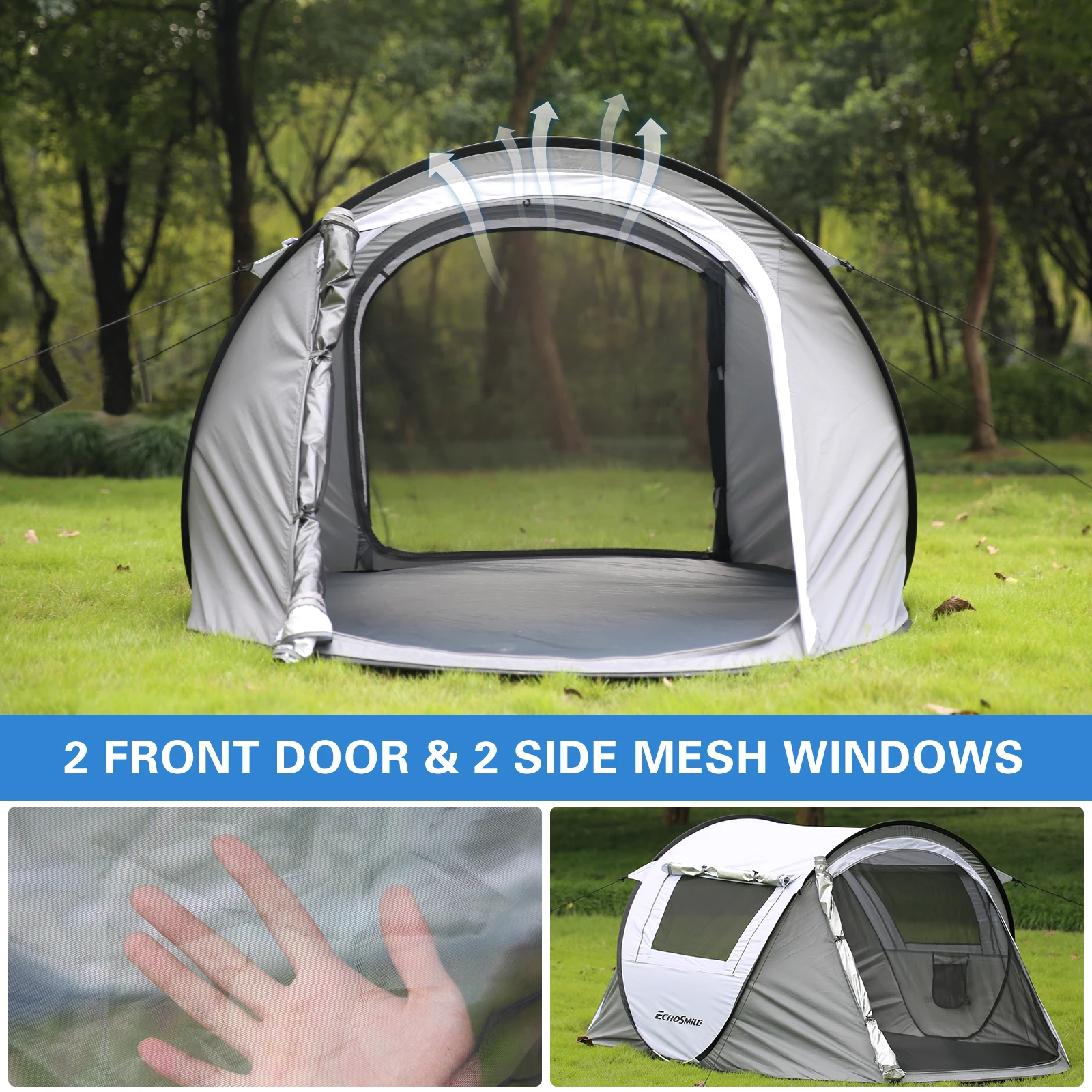 Double-layer pop-up tent showing waterproof construction and features