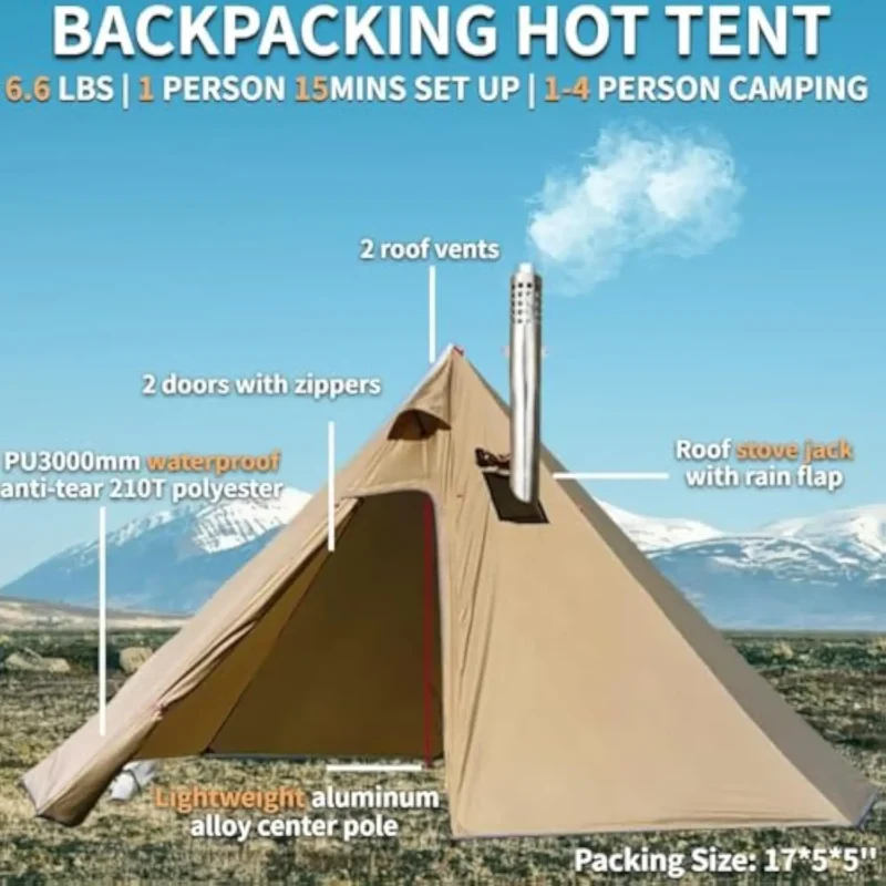 Waterproof Cotton 2-Person Tipi Hot Tent with Stove Jack for Winter Camping - Image 2