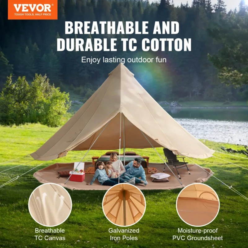 Premium Canvas Bell Tent 3-5 Person with Stove Jack & Detachable Wall for Glamping Outdoors - Image 2
