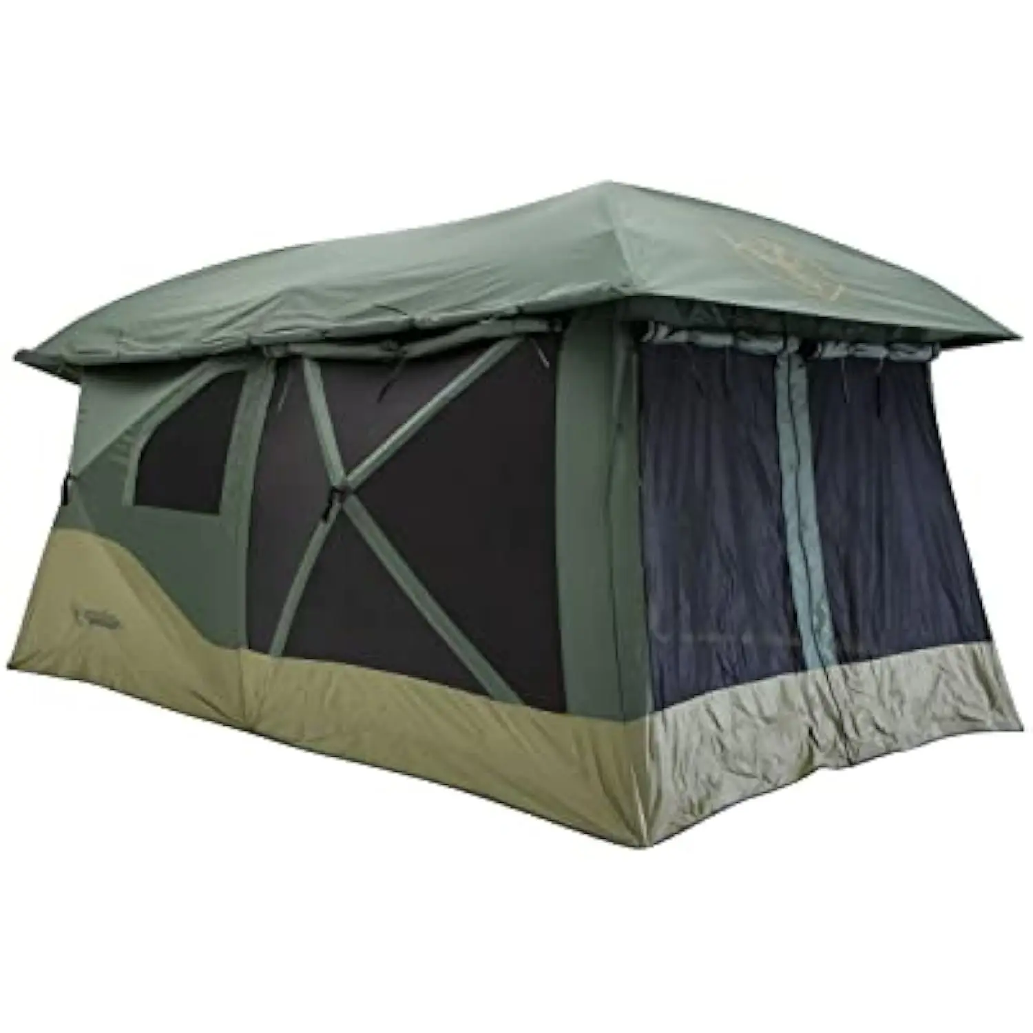 Camper breaking down a winter tent after snowfall