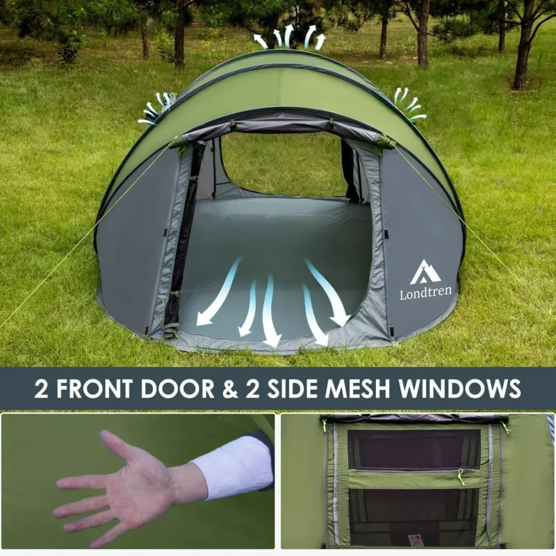 Instant Pop Up Camping Tent 4-Person Waterproof Double Door with Easy Setup for Family Outdoor Adventures - Image 4