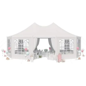 Elegant 26'x19' White Decagonal Party Tent with 8 Removable Sidewalls and Church Windows for Weddings and Events