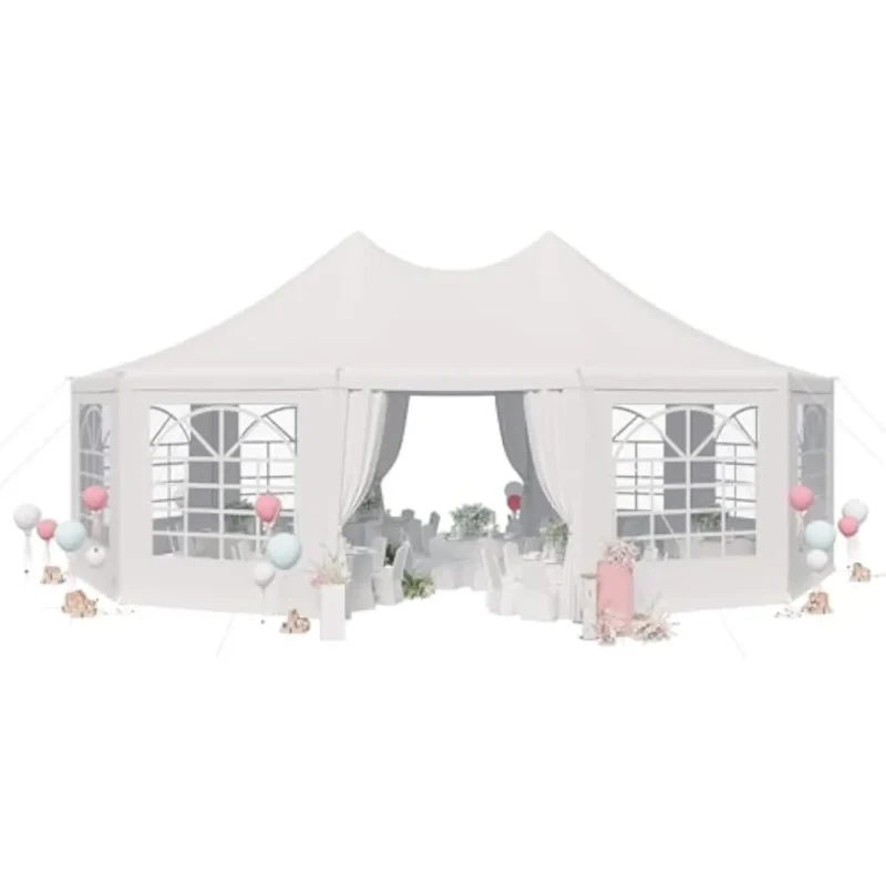 Elegant 26'x19' White Decagonal Party Tent with 8 Removable Sidewalls and Church Windows for Weddings and Events