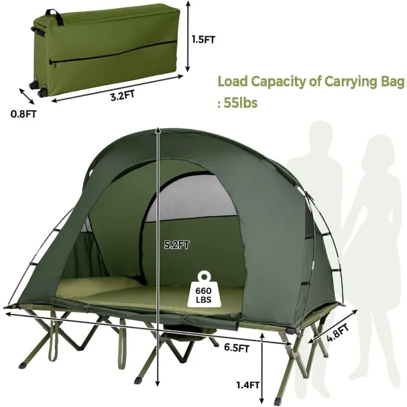 4-in-1 Elevated 2-Person Tent Cot with Self-Inflating Mattress and Rolling Carrying Bag - Image 5