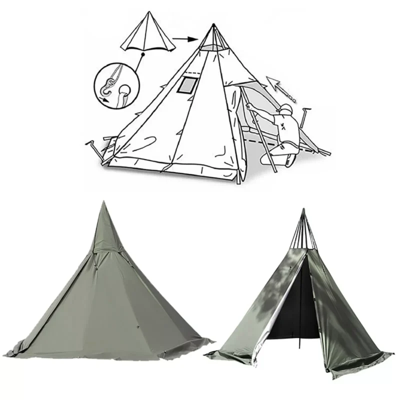 Teepee Camping Tent 2-Person 4-Season Waterproof Oxford Cloth with Double Doors for Hiking Adventures - Image 5