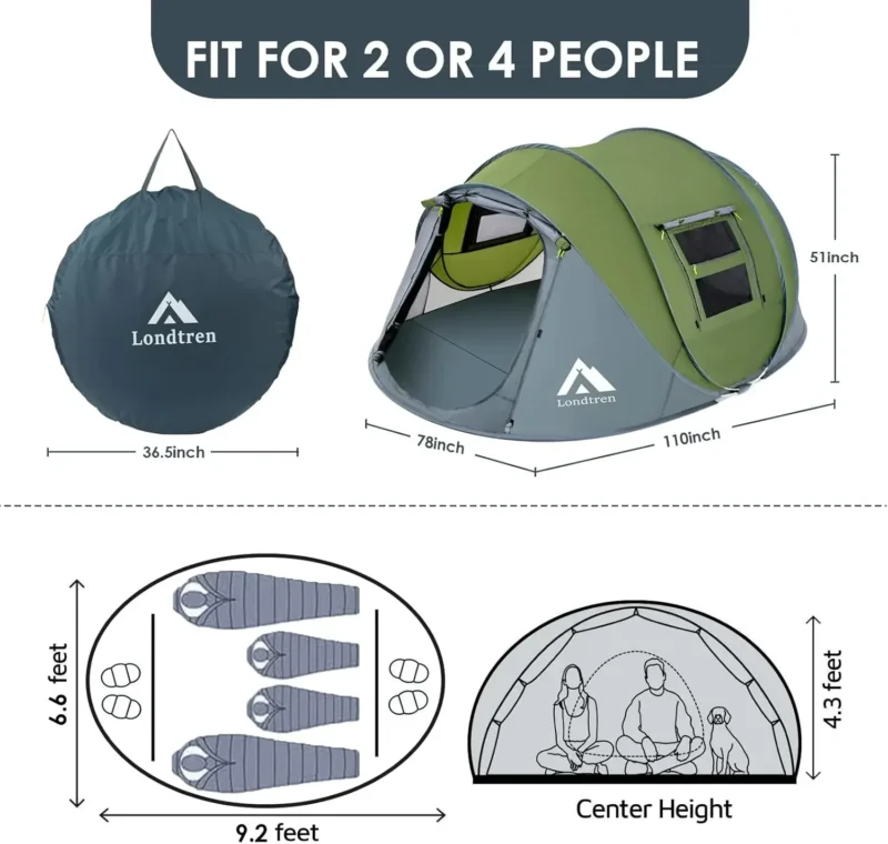 Instant Pop Up Camping Tent 4-Person Waterproof Double Door with Easy Setup for Family Outdoor Adventures - Image 2