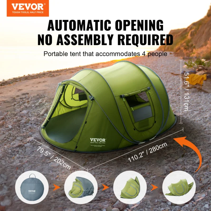 Instant Pop Up Camping Tent 4-Person Waterproof with Ventilation Windows for Family Outdoor Adventures - Image 2