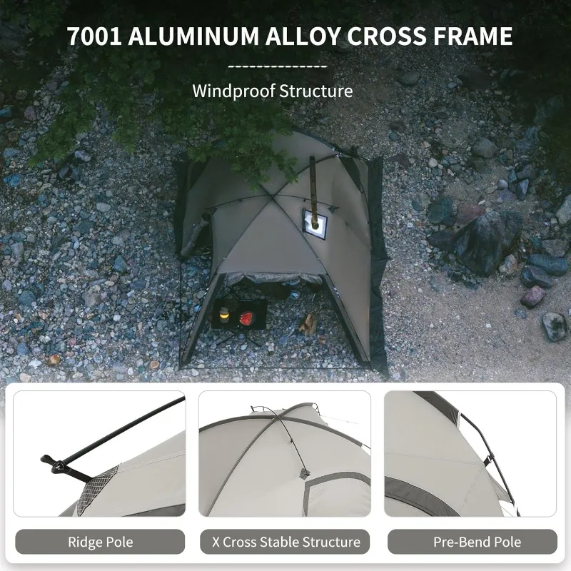 Canvas hot tent with stove jack designed for multi-season adaptability and extreme cold conditions