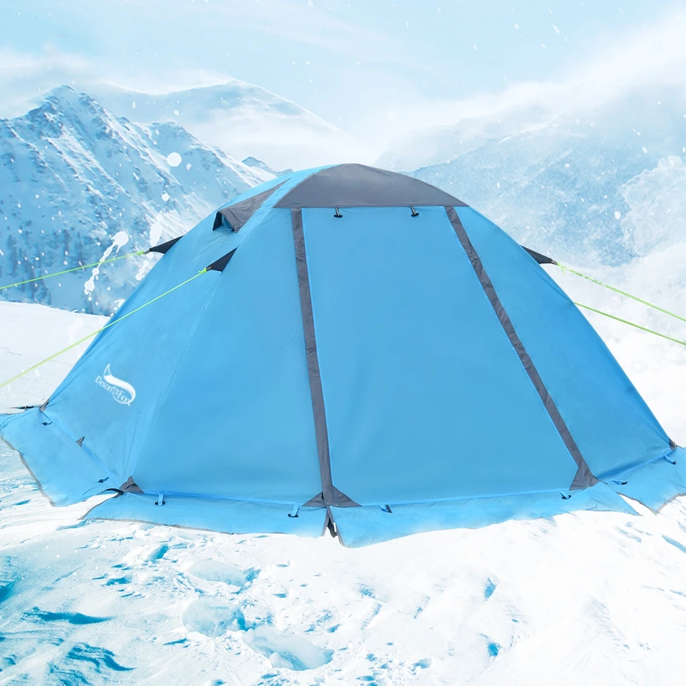 Four-season tent with snow skirt and reinforced vestibule for extreme weather protection