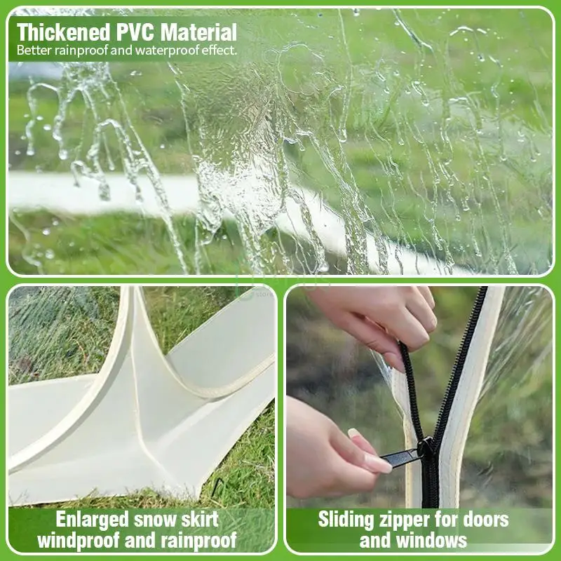 Tall dome tent with transparent panels providing full standing height and visibility