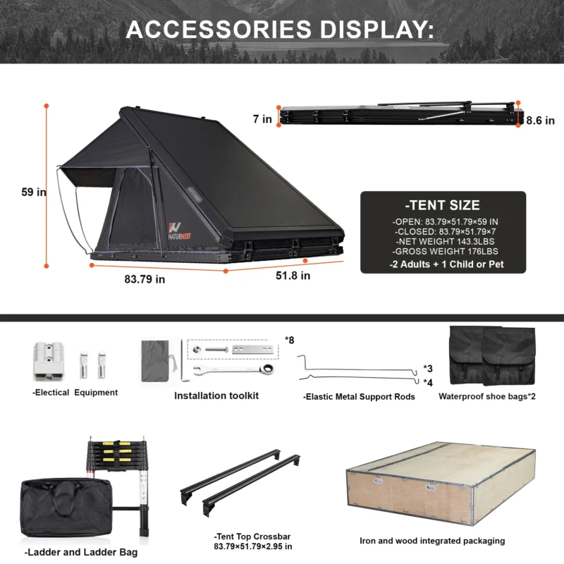 Hard Shell Rooftop Tent 2-Person Pop Up with Waterproof Oxford Fabric for 4-Season Camping - Image 6